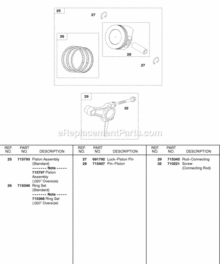 PistonRingsConnecting Rod Diagram and Parts List for  Briggs and Stratton Engine